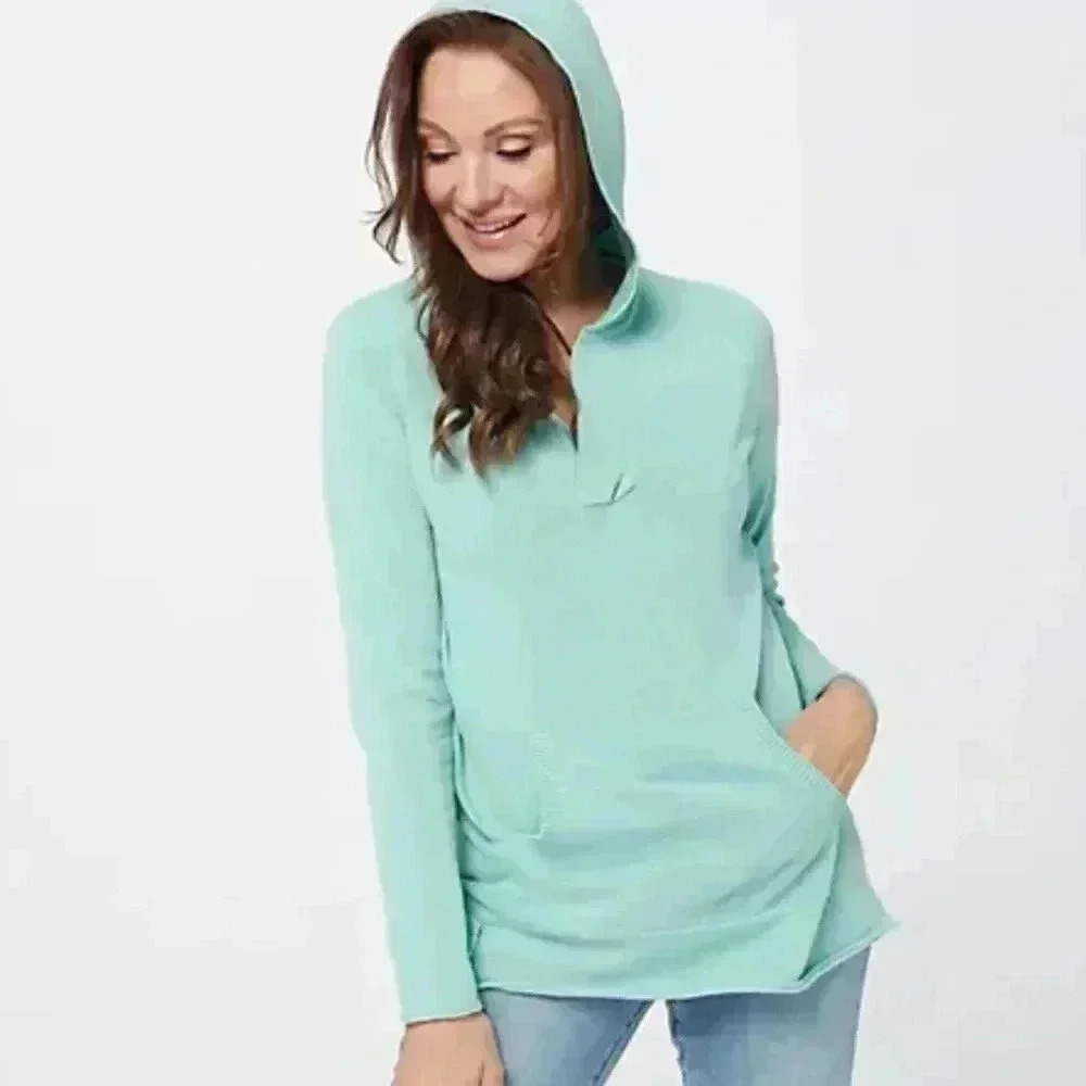 XS Barefoot Dreams Sunbleached Cotton Bonfire Hoodie in Seagreen/Turquoise, NWOT